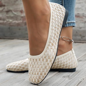 Woven knit square-toe flats in beige with a checkered pattern.
