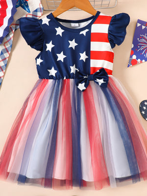 Baby girls' patriotic star and stripe tulle dress with bow detail.