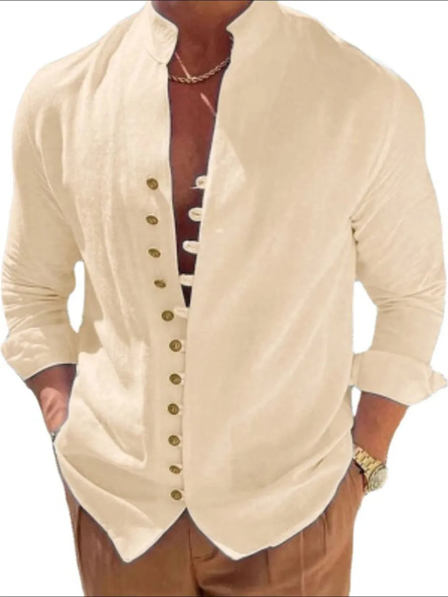 Beige linen shirt with mandarin collar and button placket