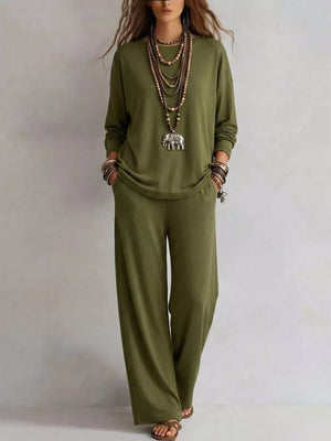 two-piece set in olive green featuring pocketed and relaxed fit