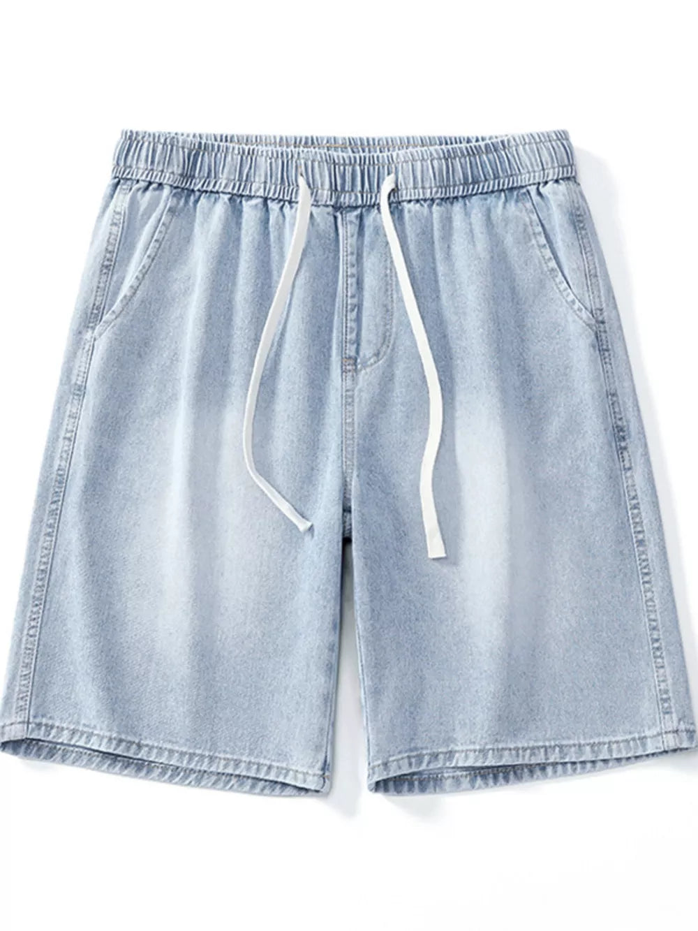 Light wash denim shorts with elastic waist and drawstring, relaxed fit.