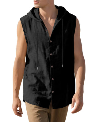 Black casual hooded sleeveless shirt with button front and drawstring.