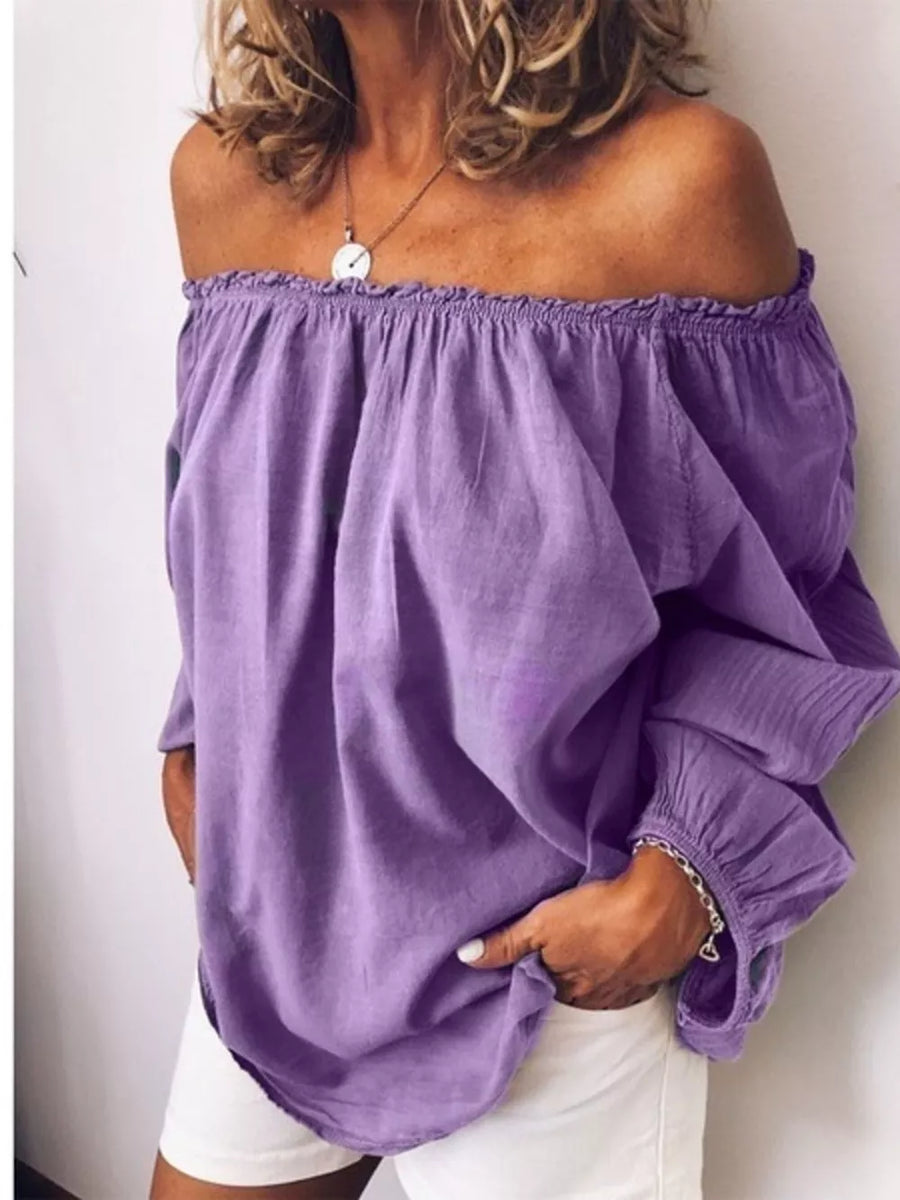 Purple off-shoulder maternity shirt with gathered neckline and frill detail.