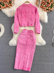 Pink denim jacket and pencil skirt set with button details