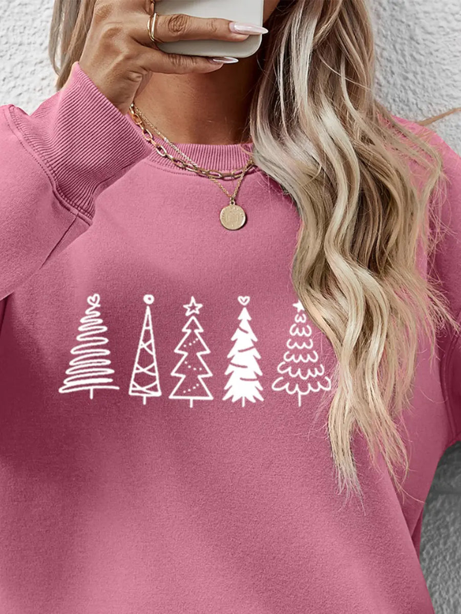 Blush Pink oversized sweatshirt with a festive white tree line graphic.
