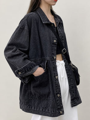 Oversized Wash Denim Jacket With Utility Pockets in Black with washed