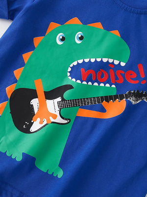 Blue cotton crew neck toddler t-shirt with a green dinosaur playing a guitar graphic that says "noise!".