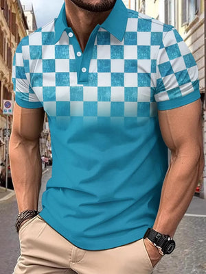 Sky blue ombre checkered polo shirt with short sleeves and a collar.
