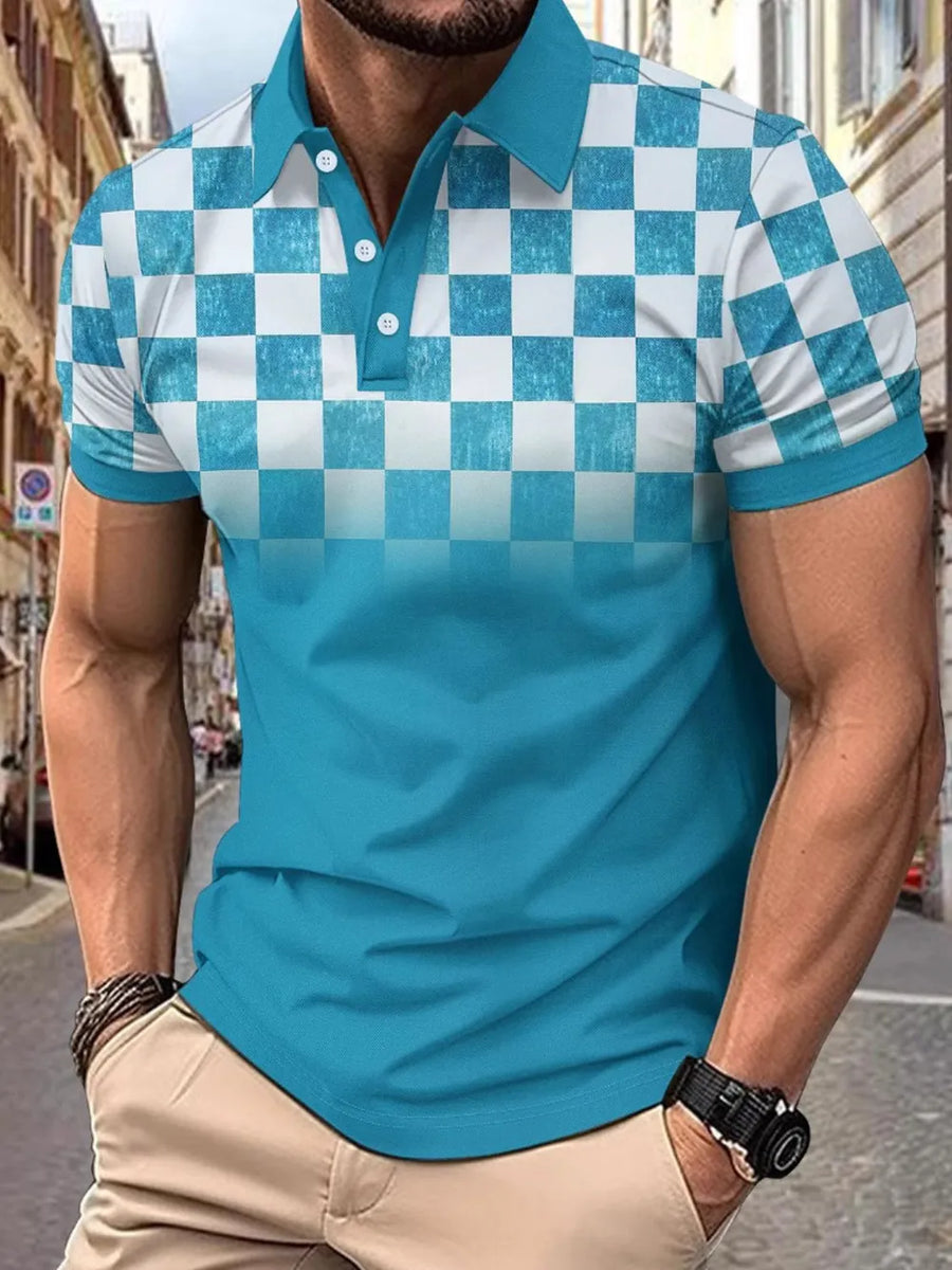 Sky blue ombre checkered polo shirt with short sleeves and a collar.
