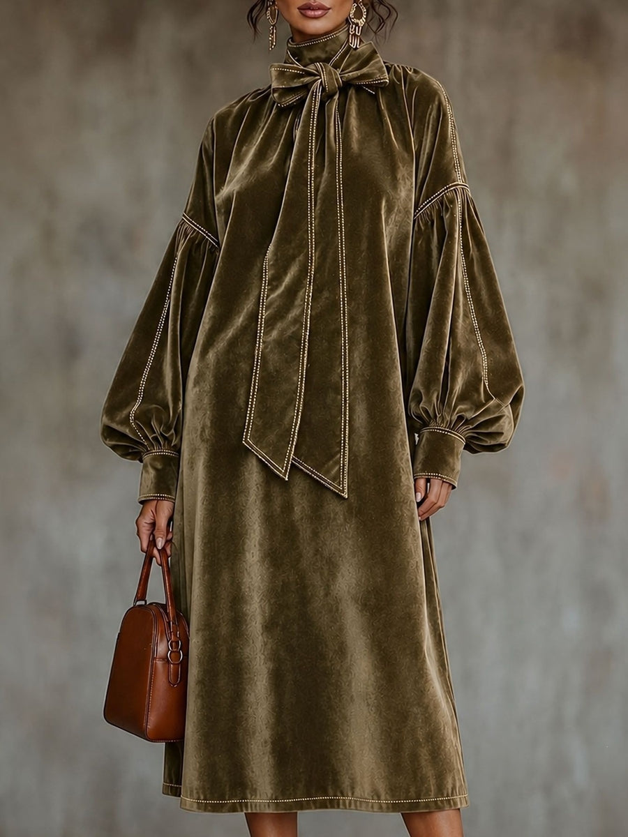 olive green midi dress with damask and tie-neck
