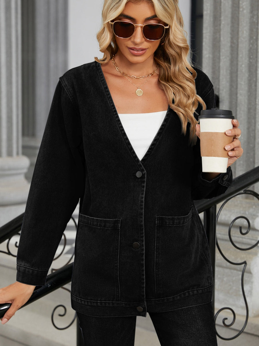 Black denim blazer with V-neck, button front, and two front pockets.