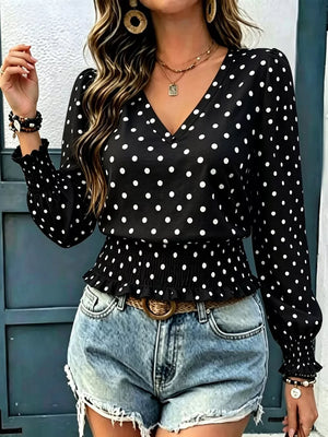Black with Polka Dot V-neck Smocked Blouse in Black