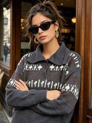Vintage-Inspired Fair Isle Polo Sweater in Navy Blue with buttoned