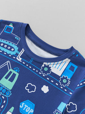 Toddler crew neck t-shirt in blue with a road construction print featuring trucks and diggers.