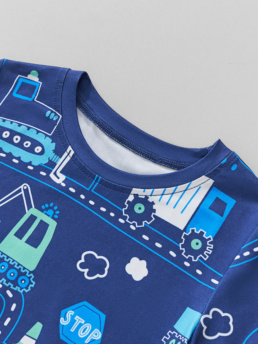 Toddler crew neck t-shirt in blue with a road construction print featuring trucks and diggers.