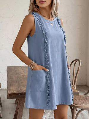 Light blue sleeveless dress with frill trim and pockets.
