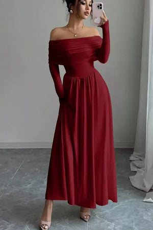 Deep Red fitted maxi dress with off-shoulder