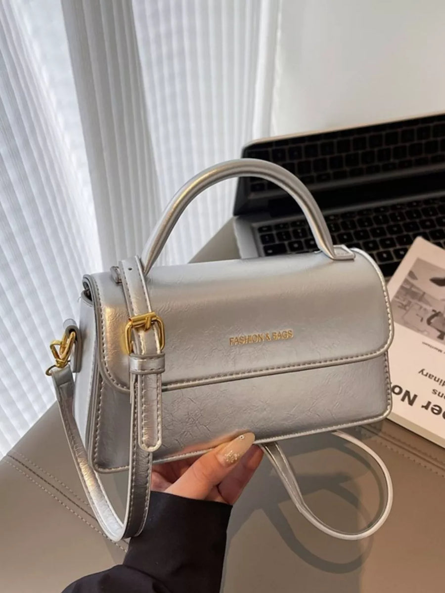Silver with Top Handle Flap Mini Crossbody Bag