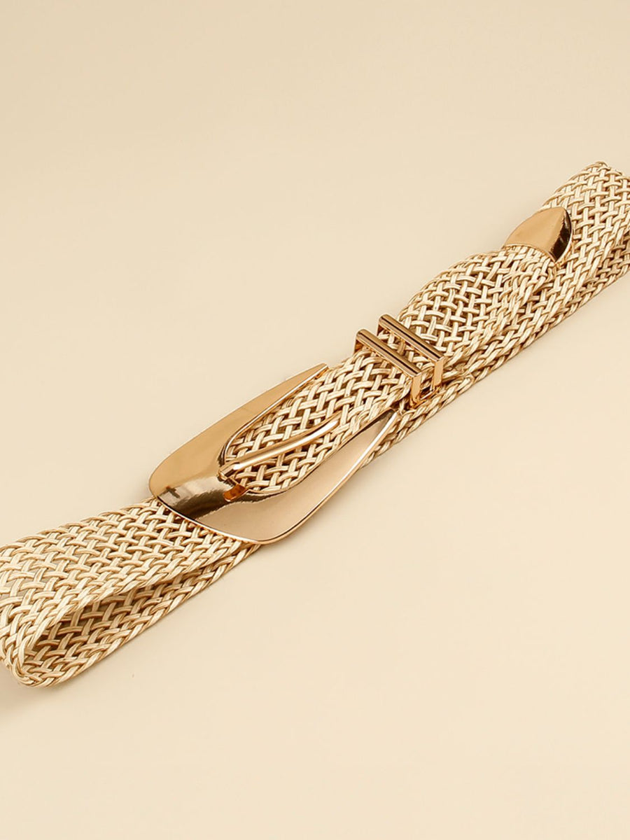 Gold woven raffia belt with gold-tone buckle and loop detail