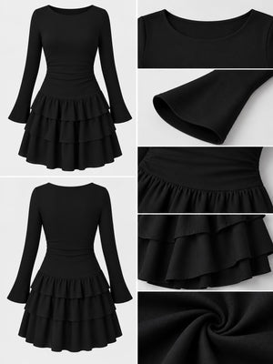 Layered Ruffle Long Sleeve Mini Dress in ivory