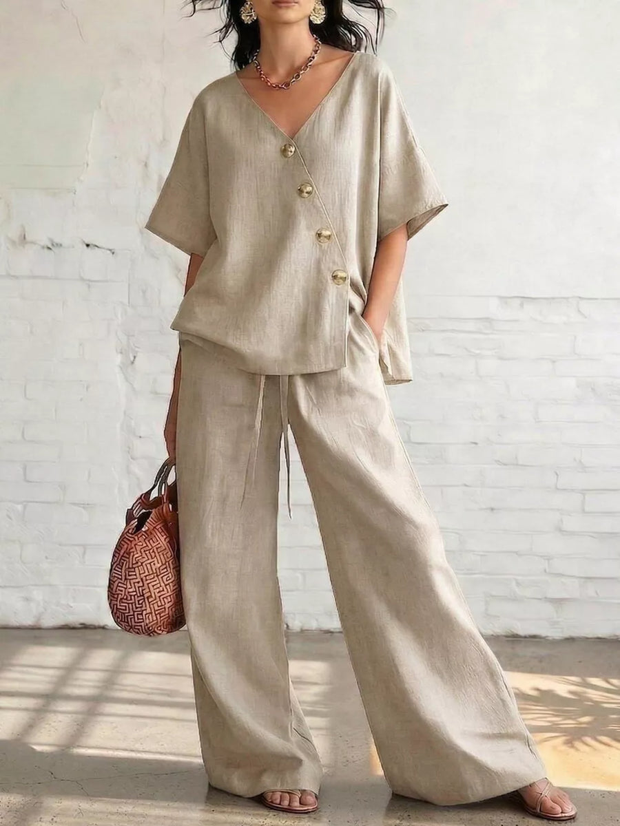 Black with Full Size Surplice Half Sleeve Top And Wide-leg Pants Set