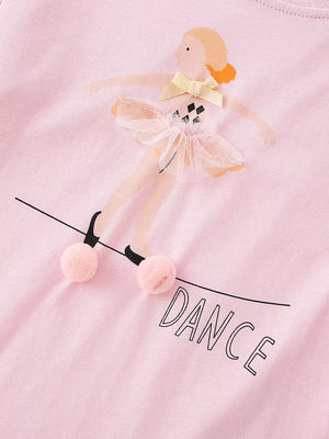 Pink cotton t-shirt with a 3D ballet dancer graphic, tutu, and "dance" text.