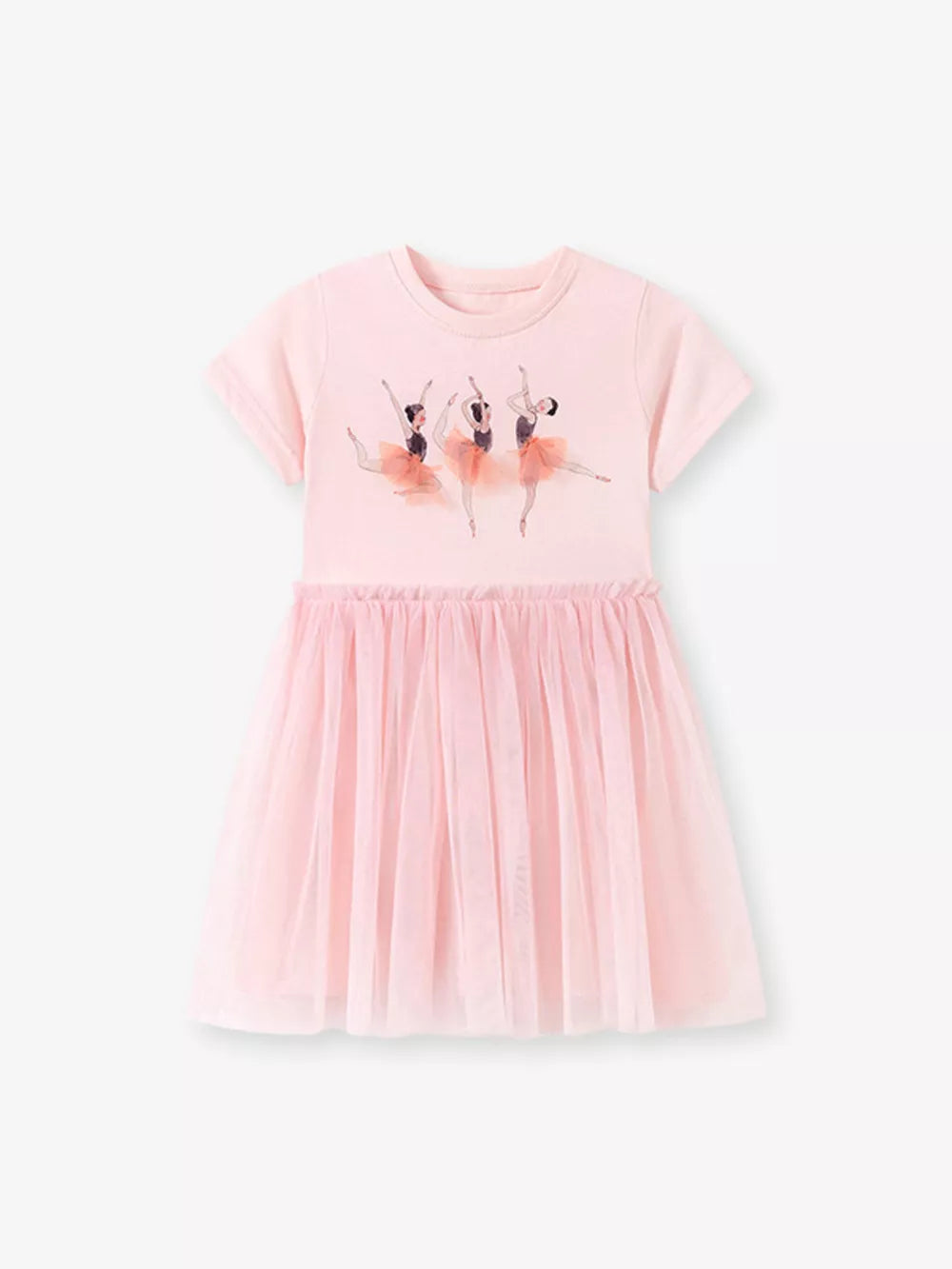Pink cotton dress with ballerina graphic and tulle skirt