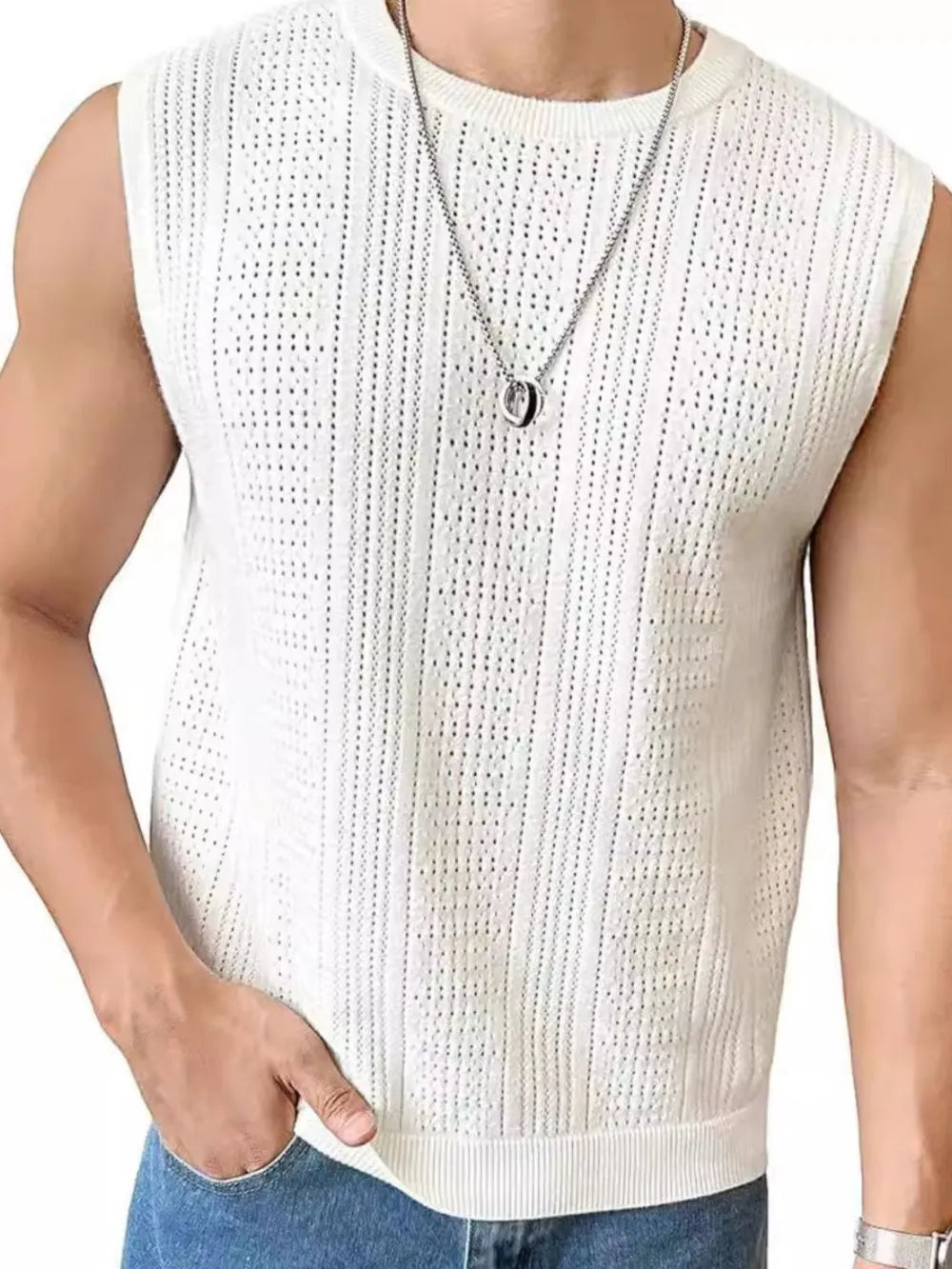 White textured knit sleeveless tank top with open stitch details and crew neck.