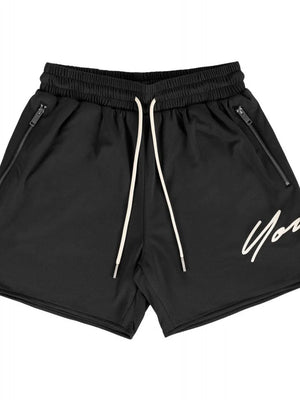 Black BigFit jogger shorts with drawstring and zippered pockets, featuring a white script logo.