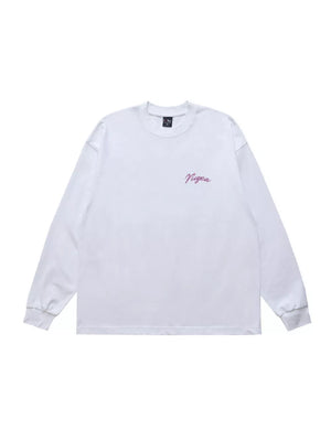 White long sleeve t-shirt with pink script logo on chest