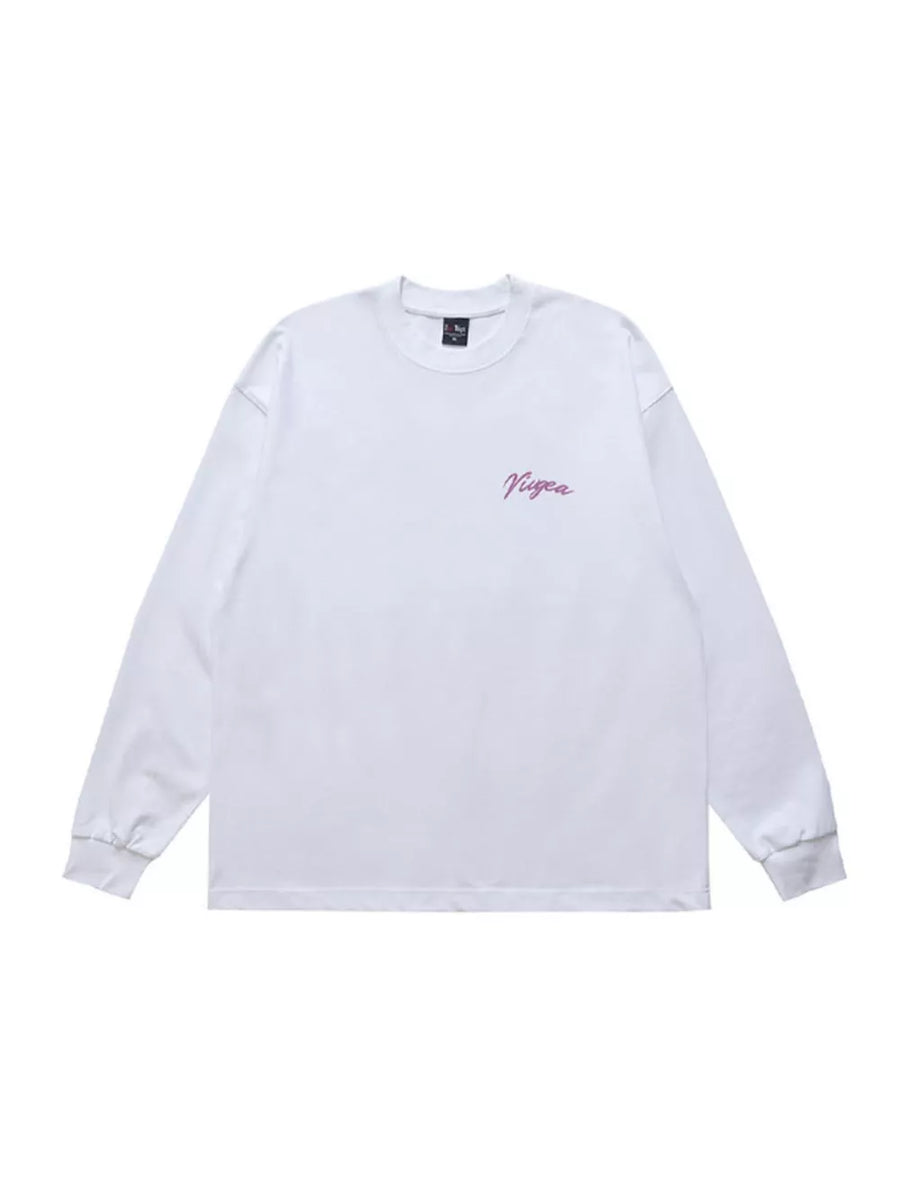 White long sleeve t-shirt with pink script logo on chest
