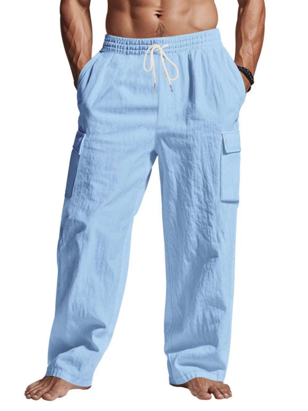 Light blue relaxed-fit linen cargo pants with drawstring waist and side pockets.