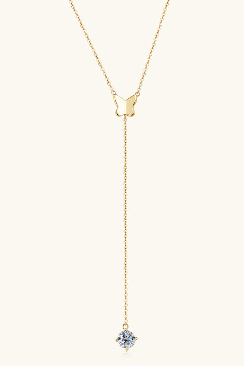 Gold lariat necklace with butterfly pendant and moissanite drop