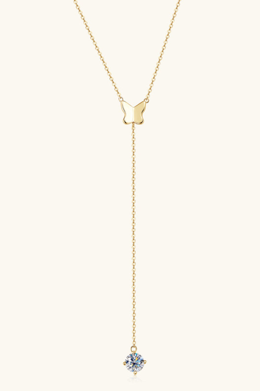 Gold lariat necklace with butterfly pendant and moissanite drop