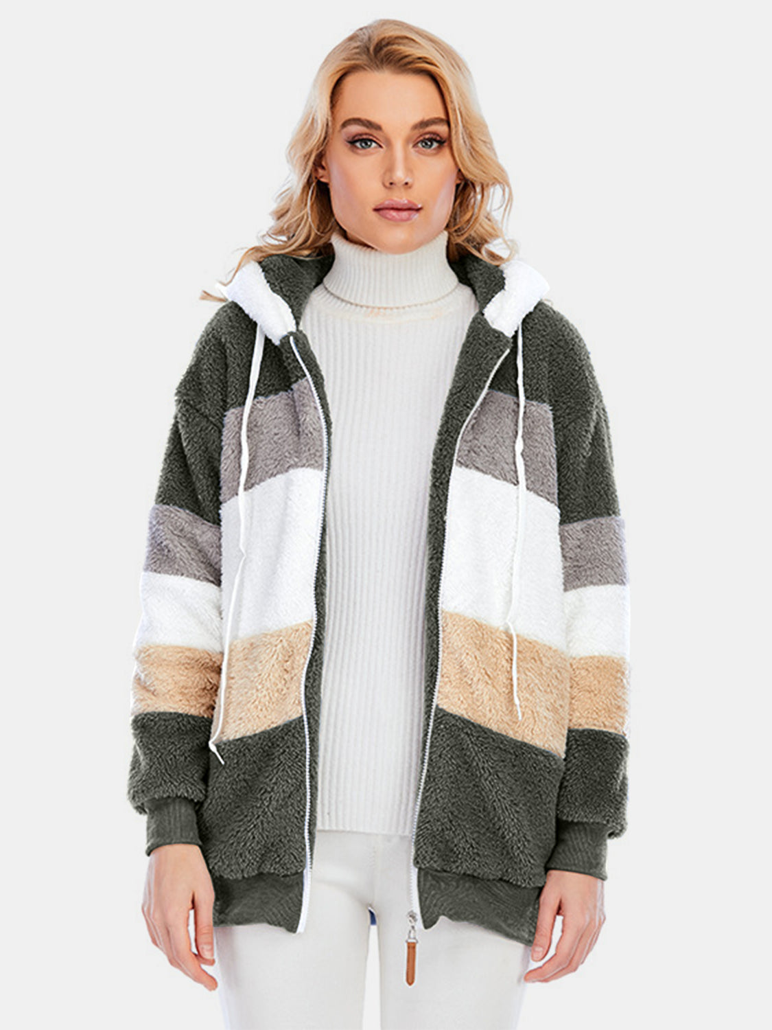 Teddy fleece zip-up hoodie with color block pattern in army green, taupe, white, and grey.