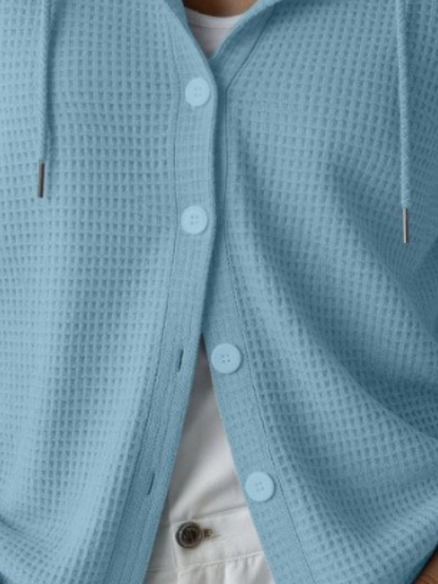 Tan cardigan featuring waffle-knit and waffle knit
