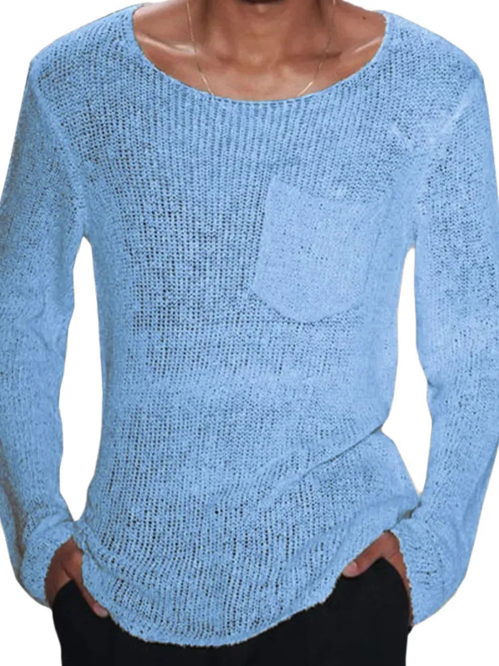 Light blue slub knit sweater with scoop neck and chest pocket.