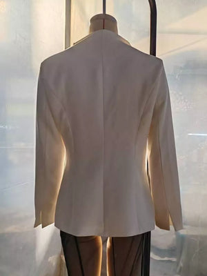 white blazer with hip-length and hook-and-eye