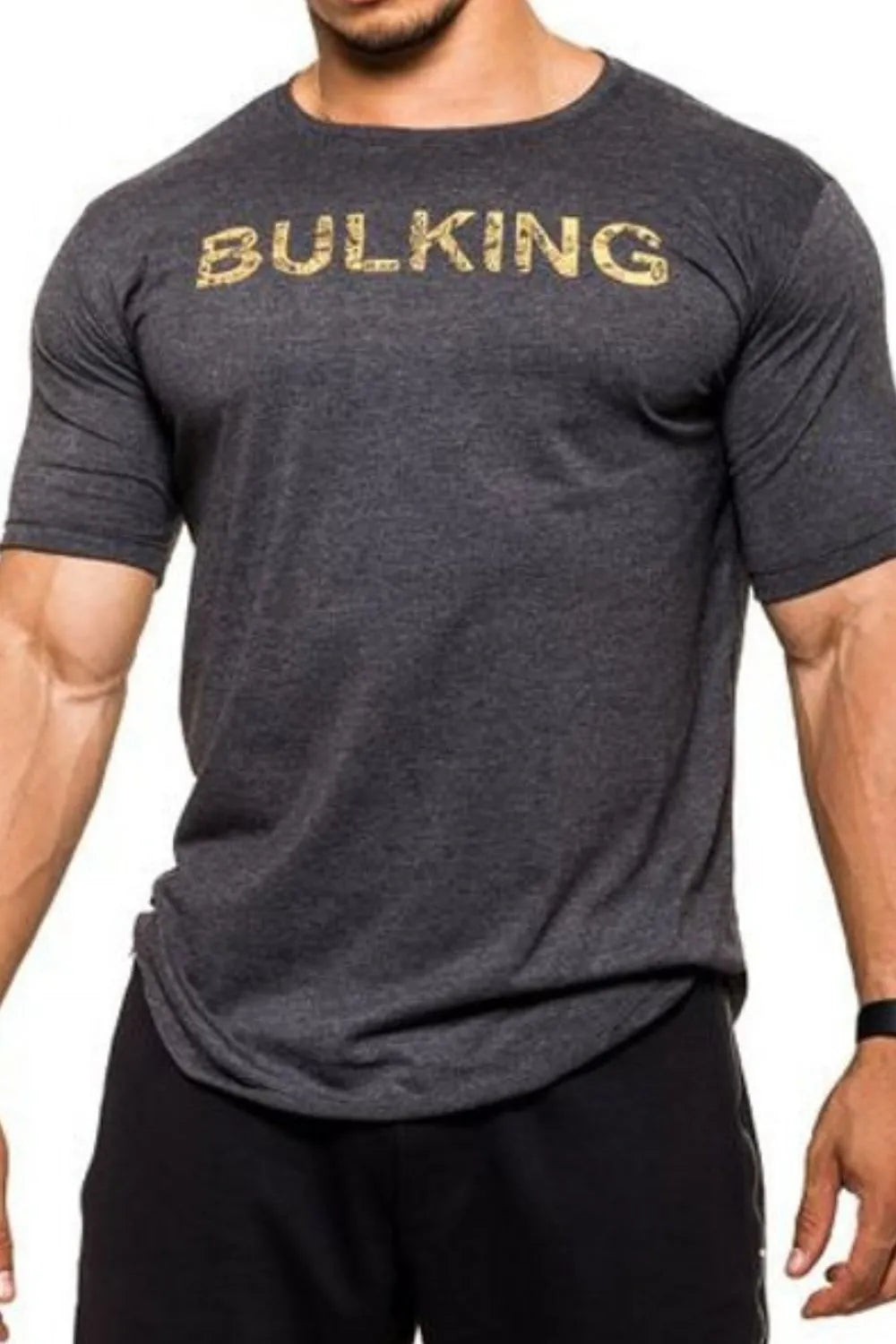 Dark gray graphic tee with gold "BULKING" text, crew neck, short sleeves.