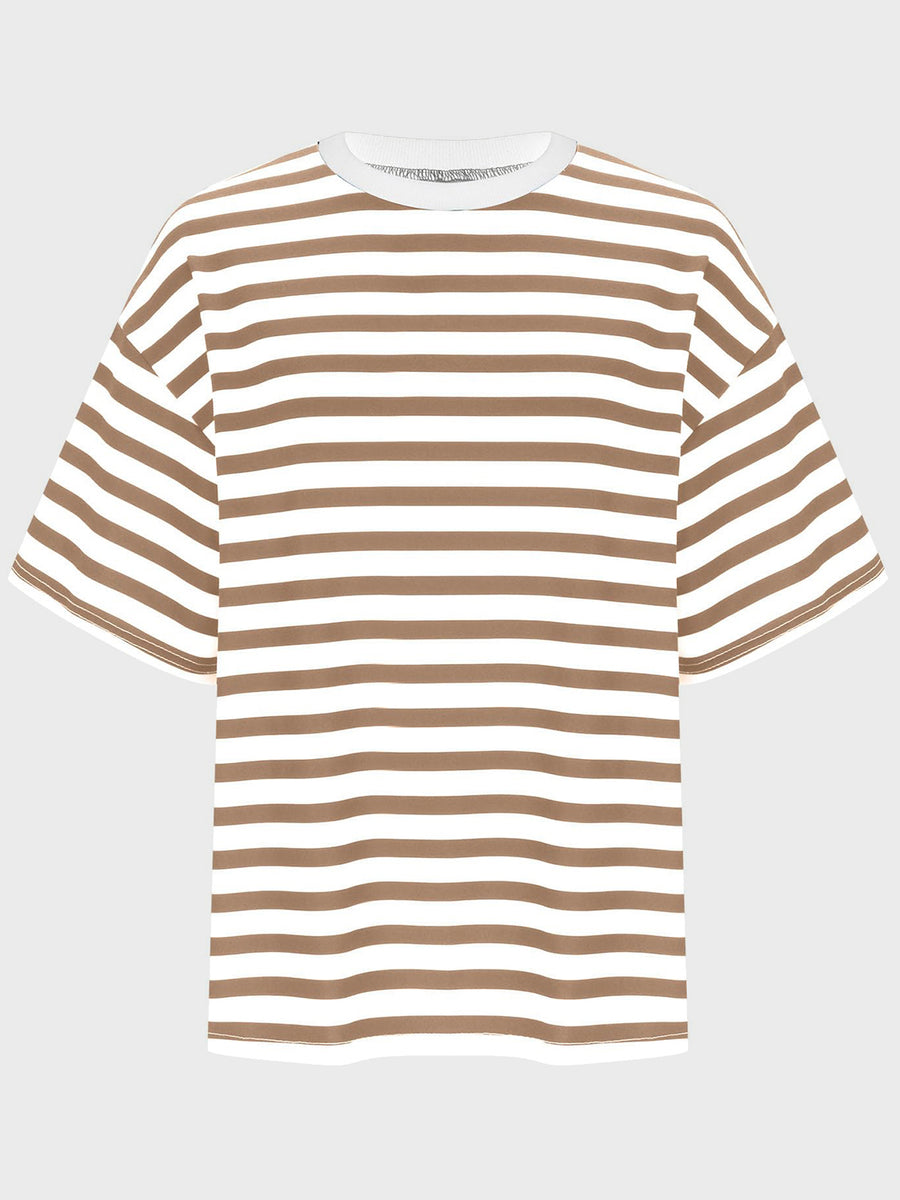 Oversized taupe and white striped tee with dropped sleeves and crew neck.