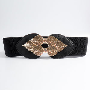 Black elasticated waist cincher with gold leaf motif buckle