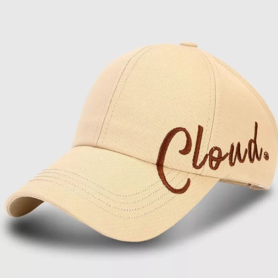 Khaki baseball cap with embroidered "Cloud" text in brown.