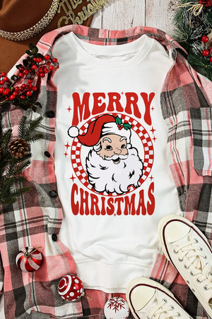 White crewneck sweatshirt with Santa graphic and Merry Christmas text