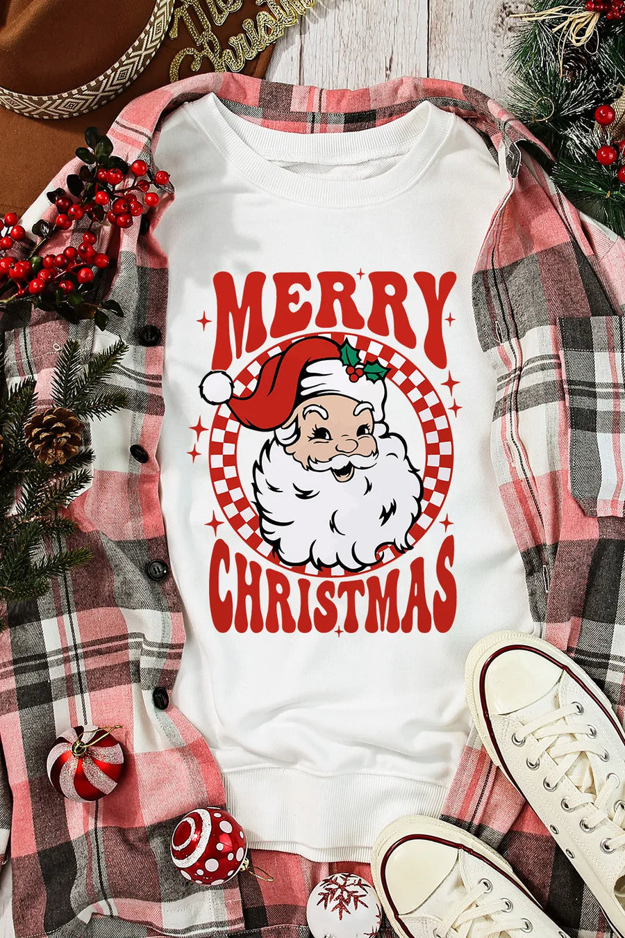 White crewneck sweatshirt with Santa graphic and Merry Christmas text
