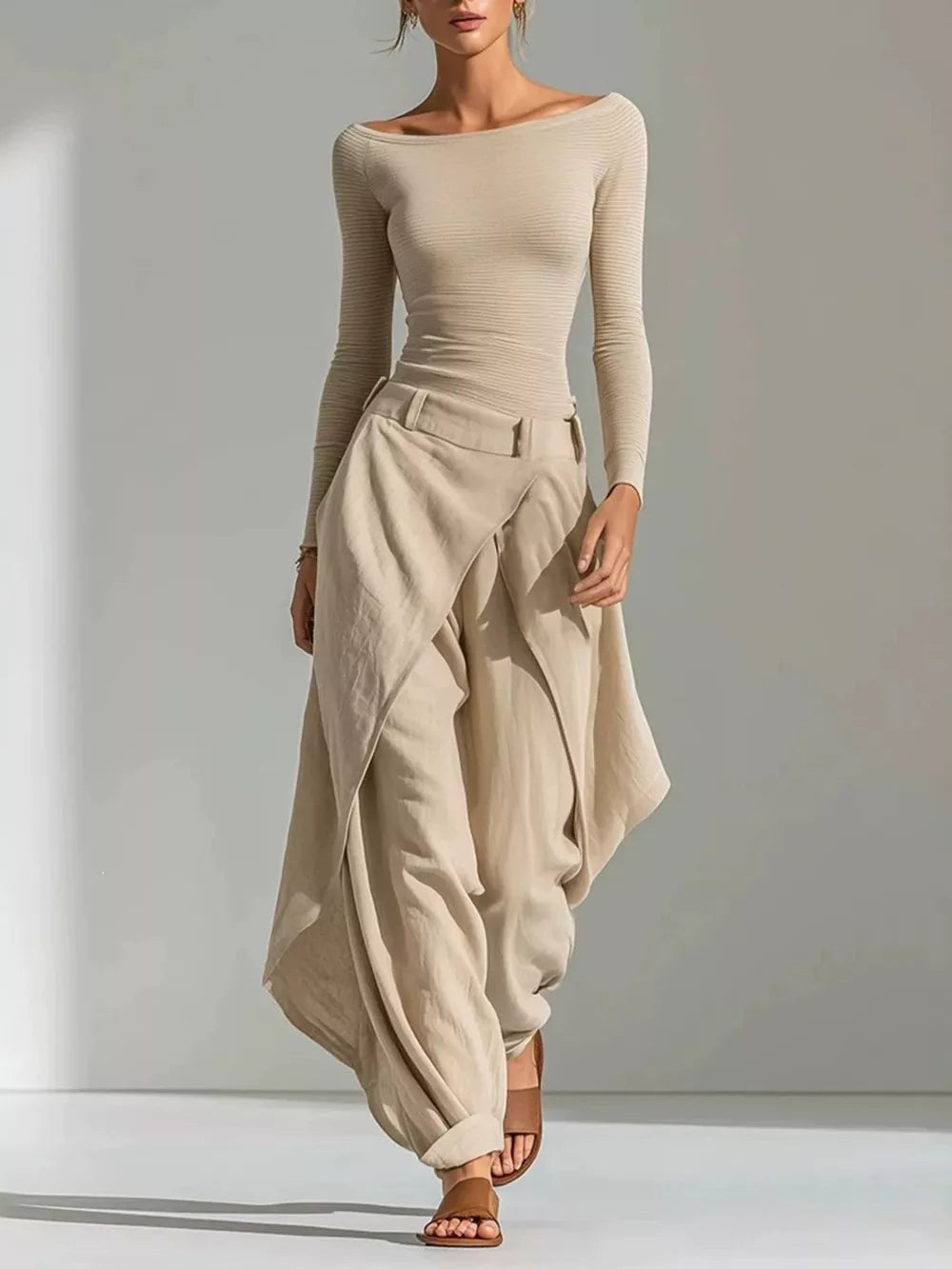 beige two-piece set with ribbed and boat neck