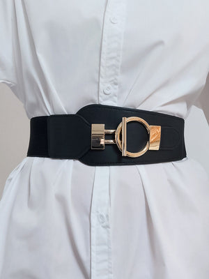 Black elastic belt with sculpted gold buckle and hardware