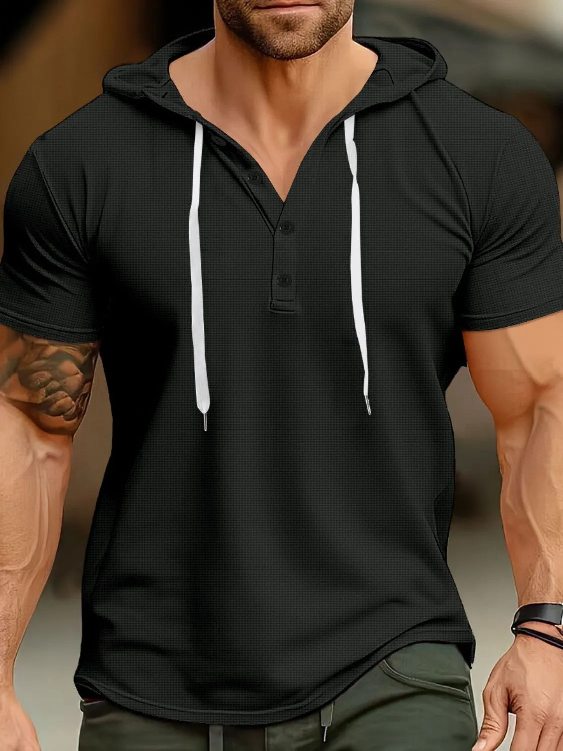 Black short sleeve henley hoodie with white contrast drawstrings and textured fabric.