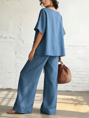 Orange-red Full Size Surplice Half Sleeve Top And Wide-leg Pants Set
