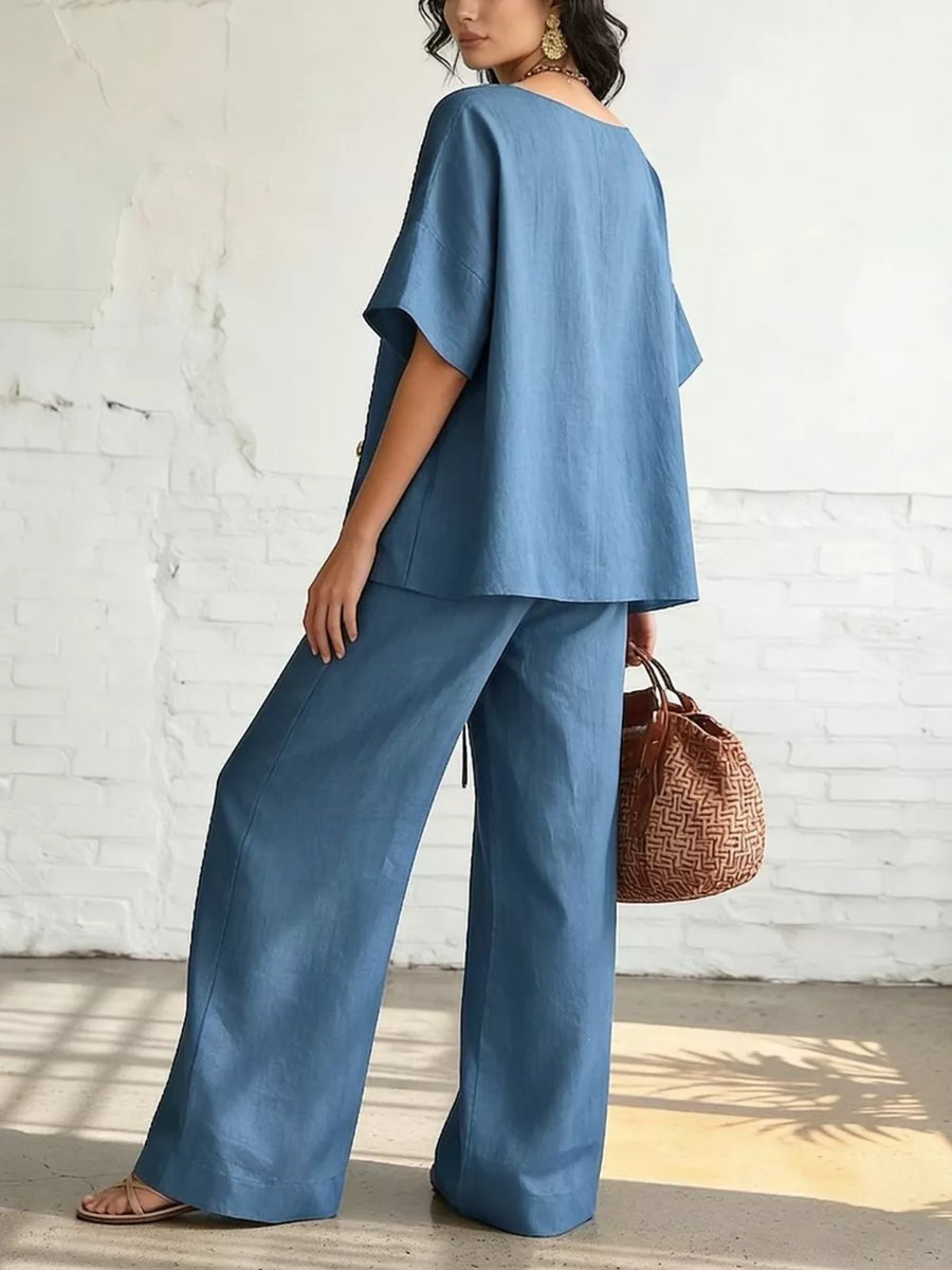 Orange-red Full Size Surplice Half Sleeve Top And Wide-leg Pants Set