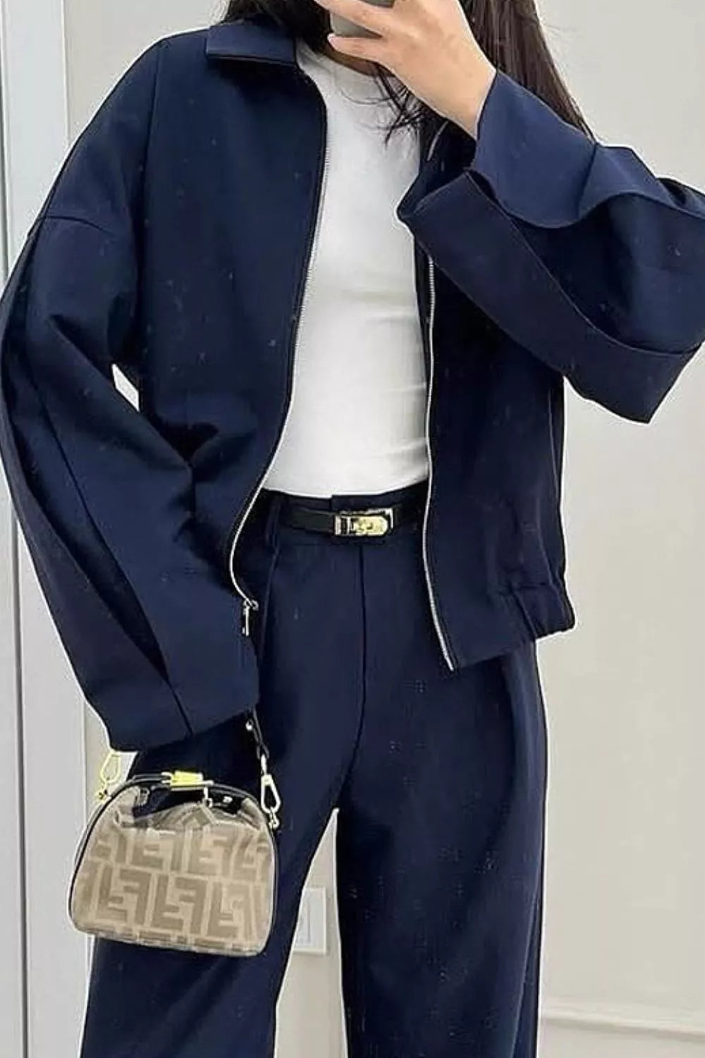 Zip-up Jacket And Wide-leg Pants Set in Navy with two-piece set